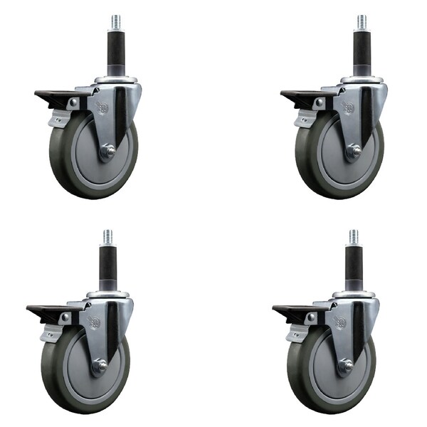 5'' Gray Poly Swivel 1'' Expanding Stem Caster Set with Brake, 4PK